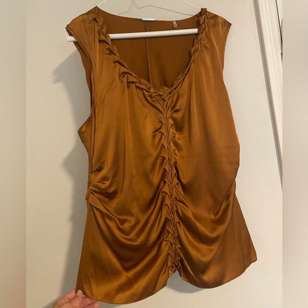 Elie Tahari Brown Satin Ruched V-Neck Sleeveless Blouse